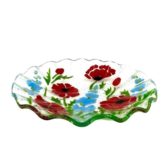 Fused Glass Plate Red Poppy Blue Delphinium Floral Scalloped Edge Botanical Art - Picture 2 of 7